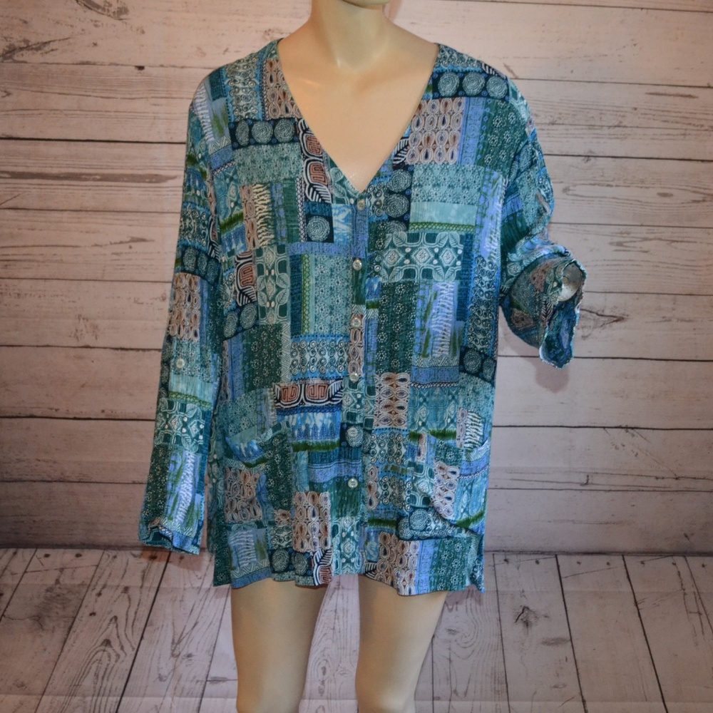 Islander Blue Patchwork Pattern Button Shirt 2X